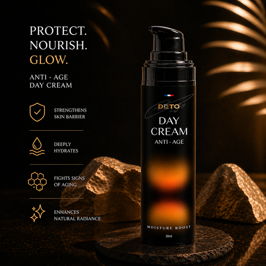 DOTO anti age day creme with benefits listed. Protect, Nourish, Glow