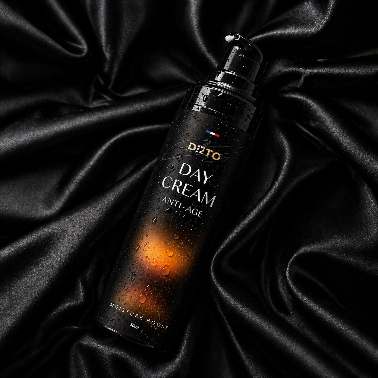 Day Cream Labeled DOTO on black silk. 