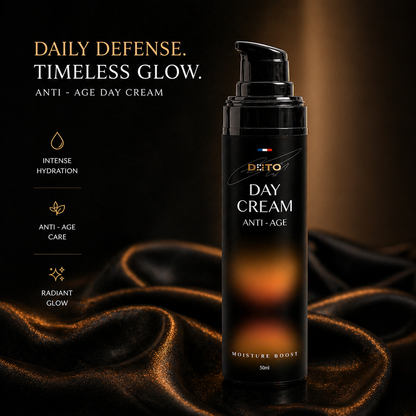 Black day cream bottle with brand logo on a dark background