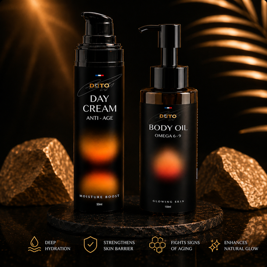 Two skincare products, 'Day Cream' and 'Body Oil', on a dark background with decorative elements.