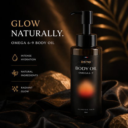 Omega 6-9 body oil bottle with branding and product features on a dark background