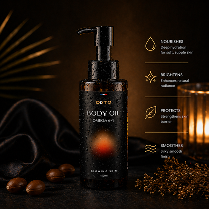 DOTO body oil bottle with features on a dark background