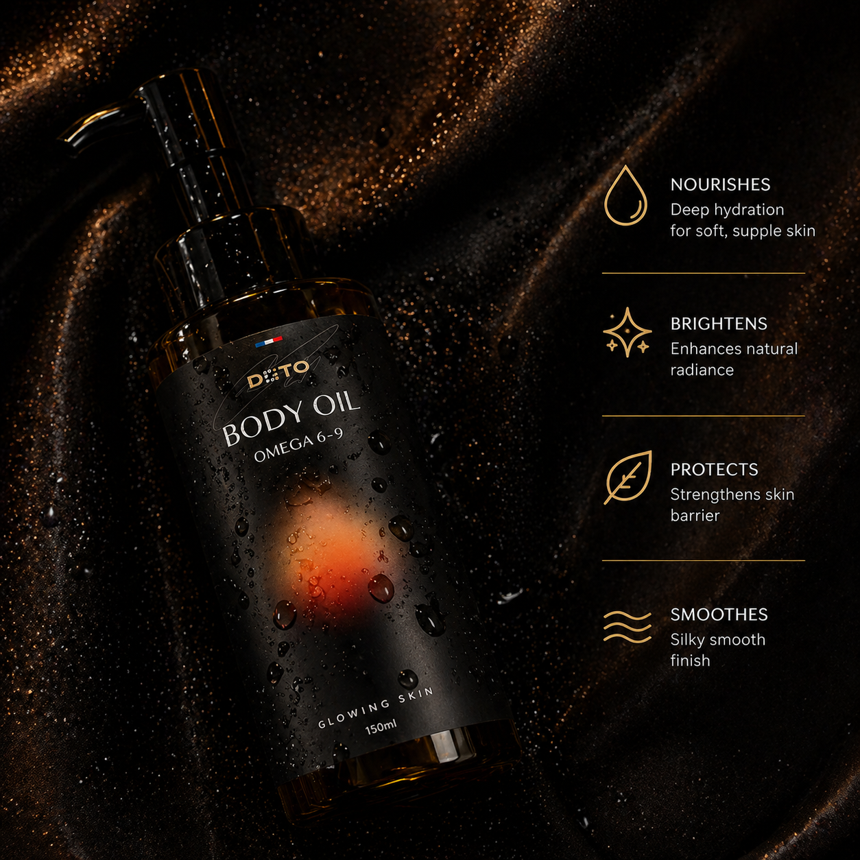 Branded photo of body oil on silk with water drops